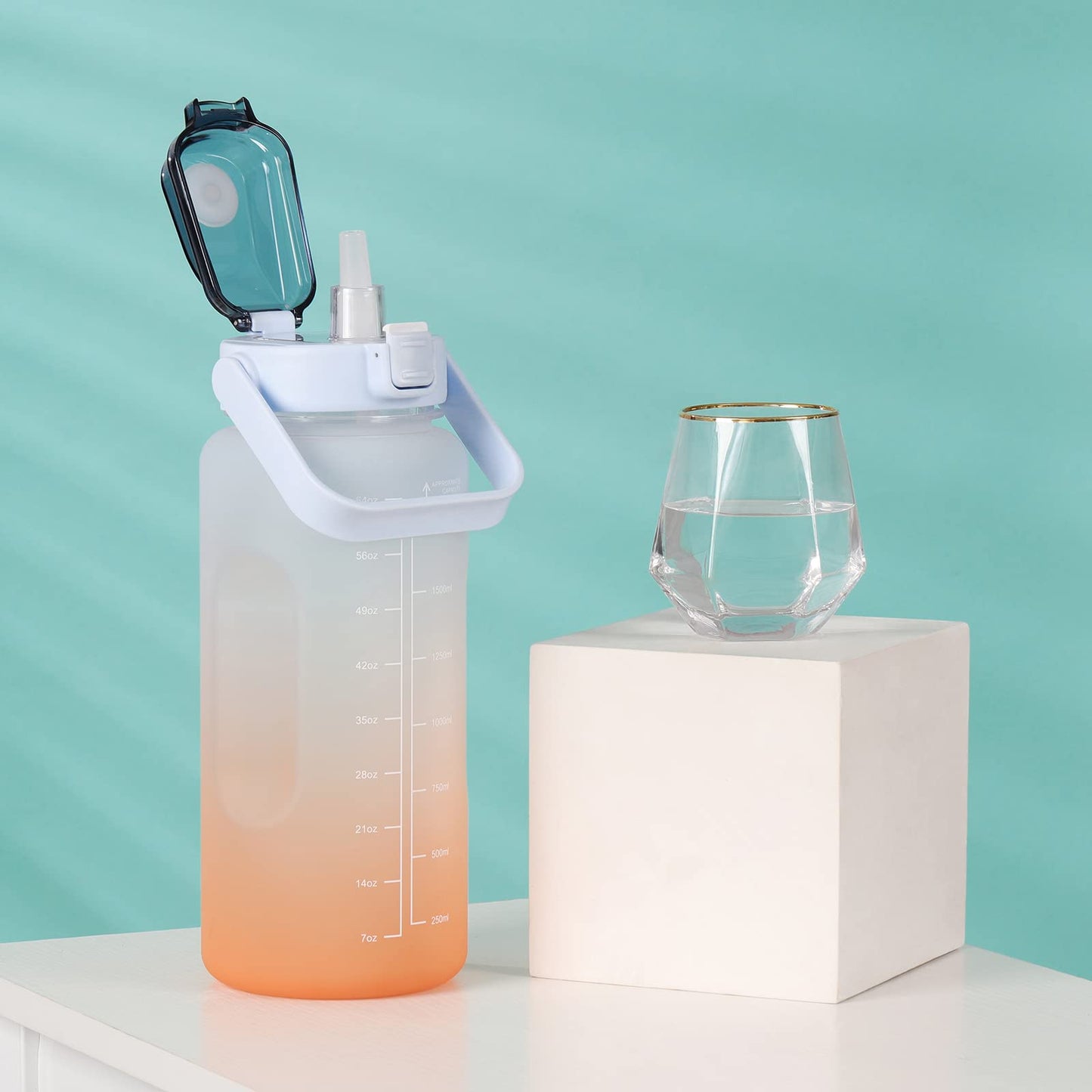 Large Motivational Water Bottle with Straw Time Marker BPA Free for Sport and Fitness (Pink Blue, 64 Oz / Half Gallon)