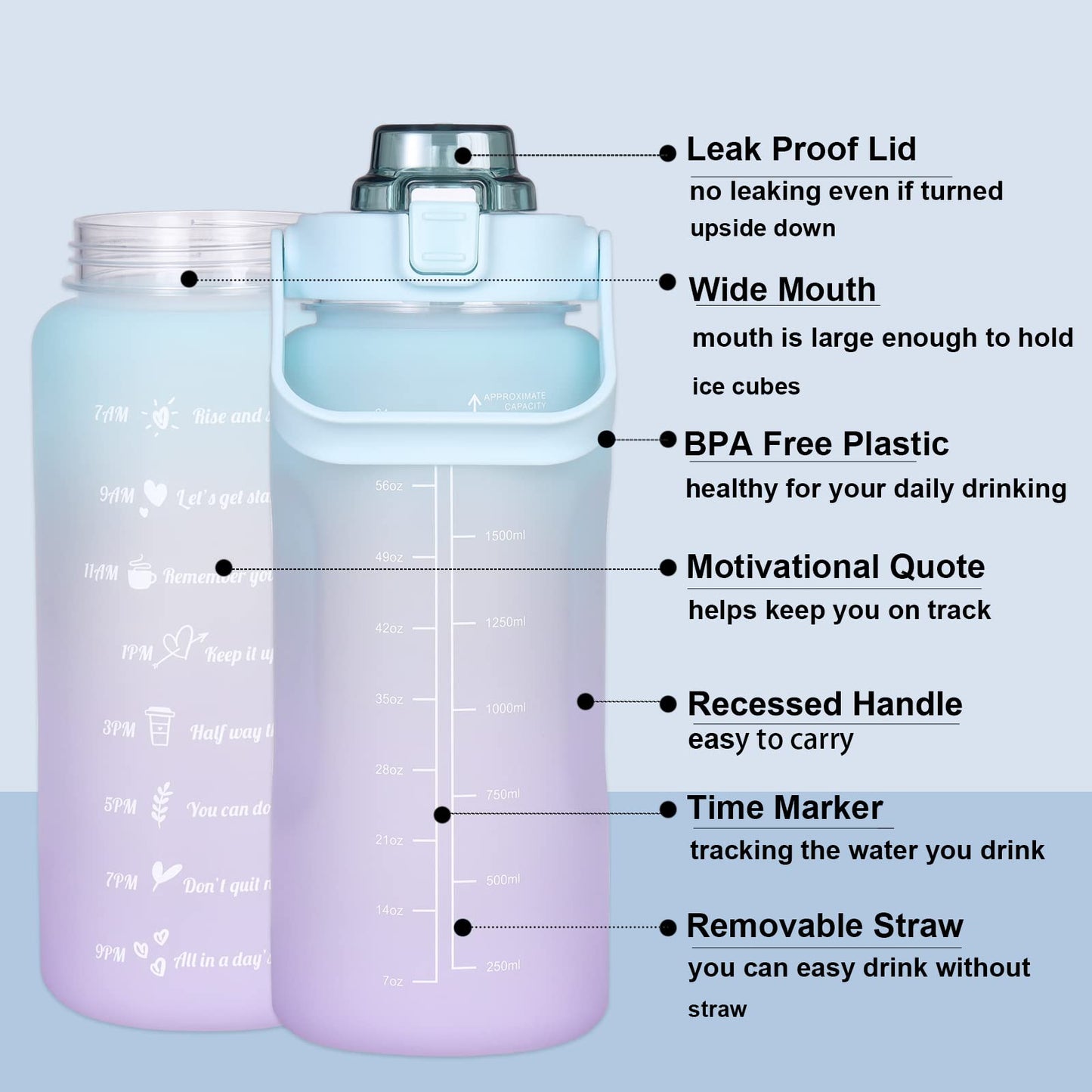 Large Motivational Water Bottle with Straw Time Marker BPA Free for Sport and Fitness (Pink Blue, 64 Oz / Half Gallon)