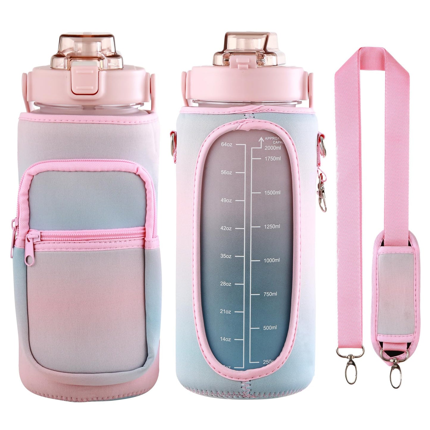 Large Motivational Water Bottle with Straw Time Marker BPA Free for Sport and Fitness (Pink Blue, 64 Oz / Half Gallon)