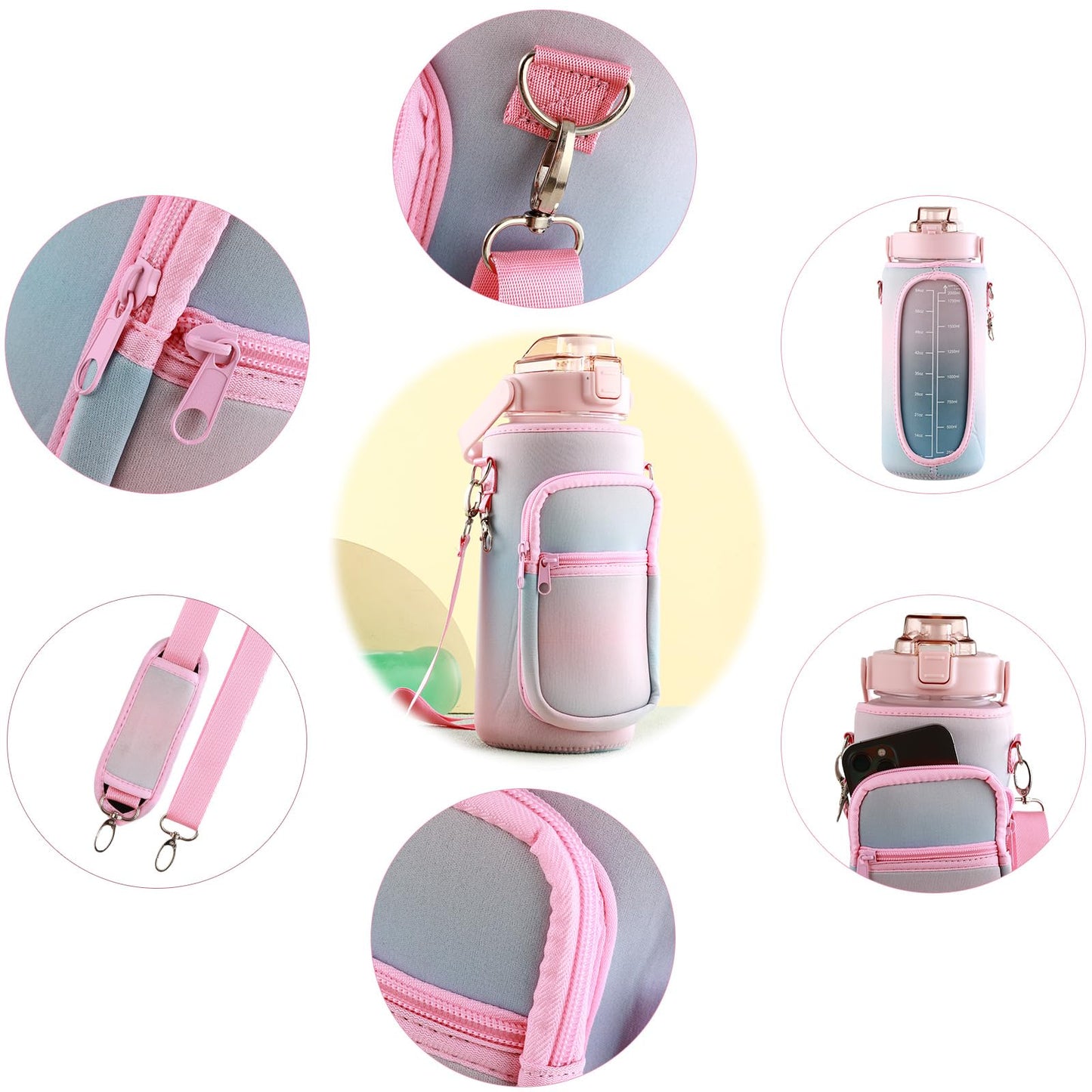 Large Motivational Water Bottle with Straw Time Marker BPA Free for Sport and Fitness (Pink Blue, 64 Oz / Half Gallon)