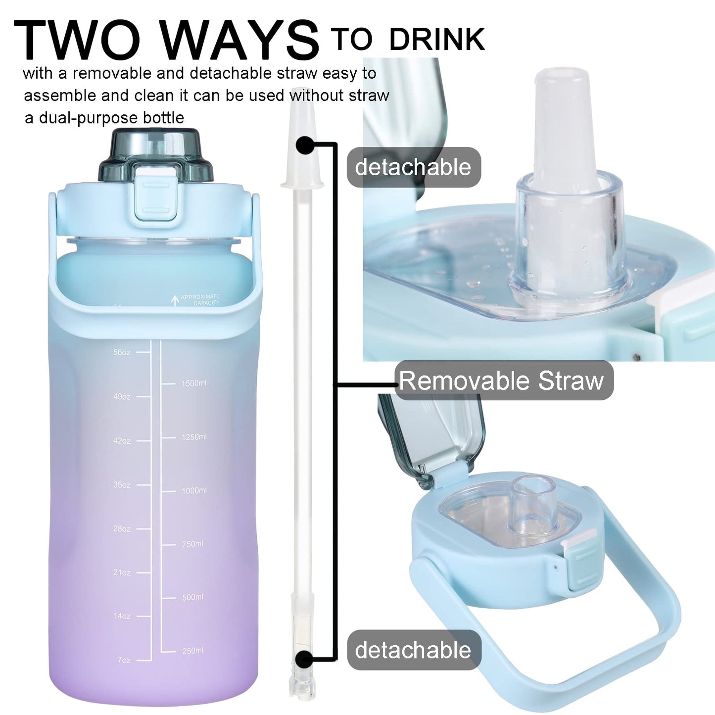 Large Motivational Water Bottle with Straw Time Marker BPA Free for Sport and Fitness (Pink Blue, 64 Oz / Half Gallon)