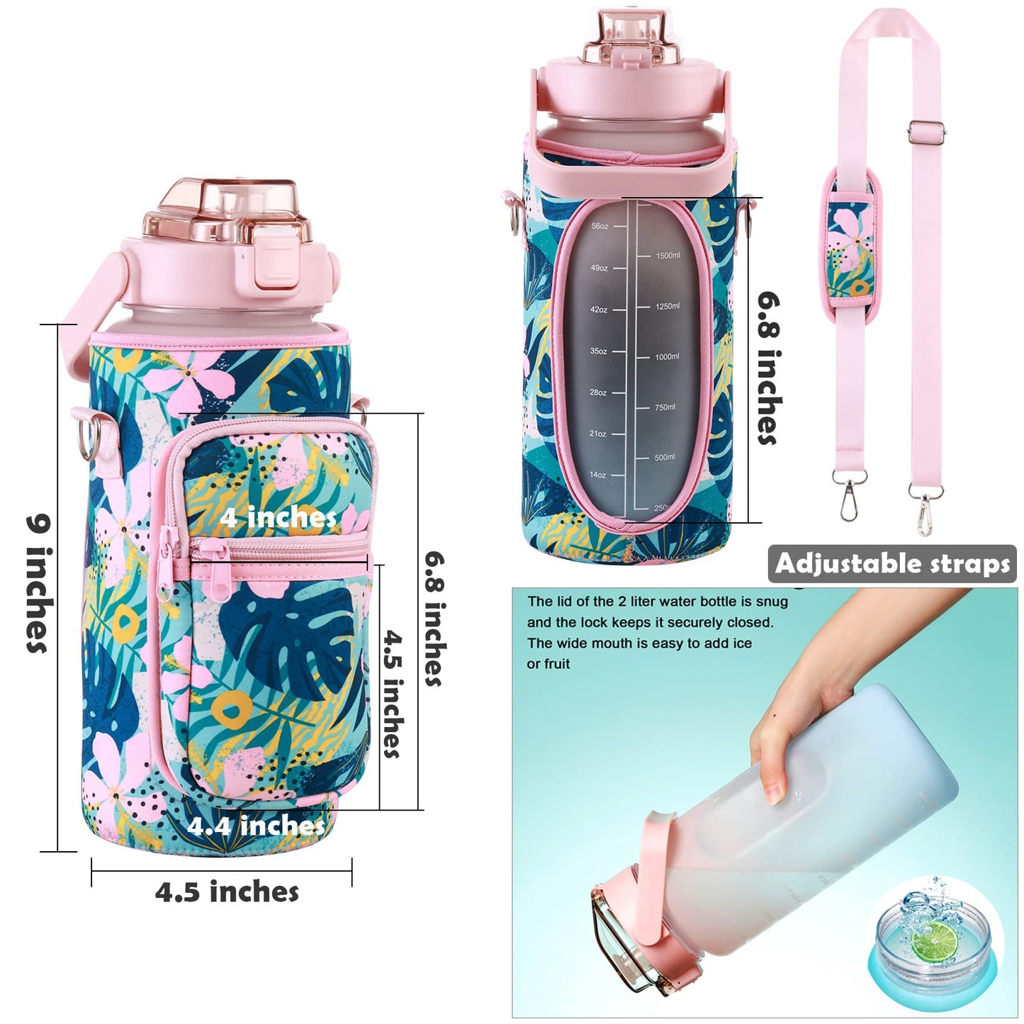 Large Motivational Water Bottle with Straw Time Marker BPA Free for Sport and Fitness (Pink Blue, 64 Oz / Half Gallon)