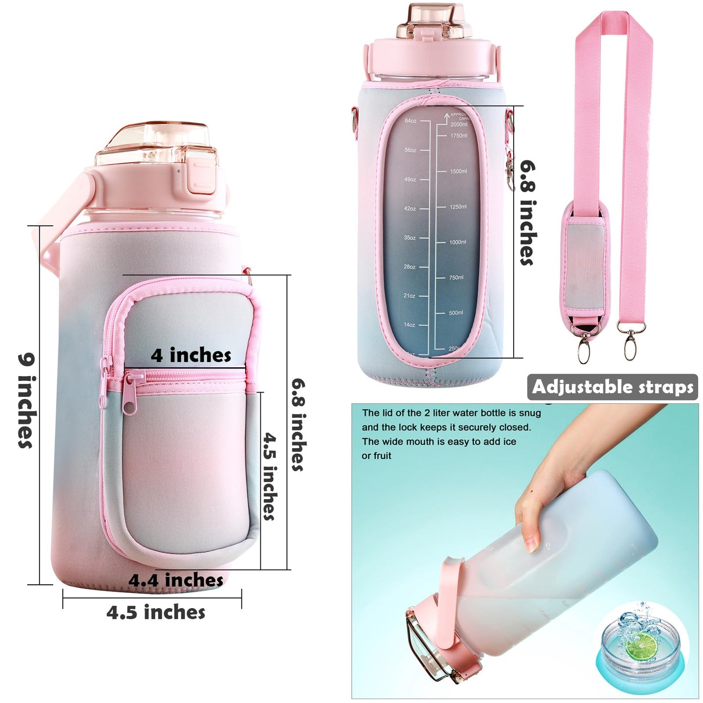 Large Motivational Water Bottle with Straw Time Marker BPA Free for Sport and Fitness (Pink Blue, 64 Oz / Half Gallon)