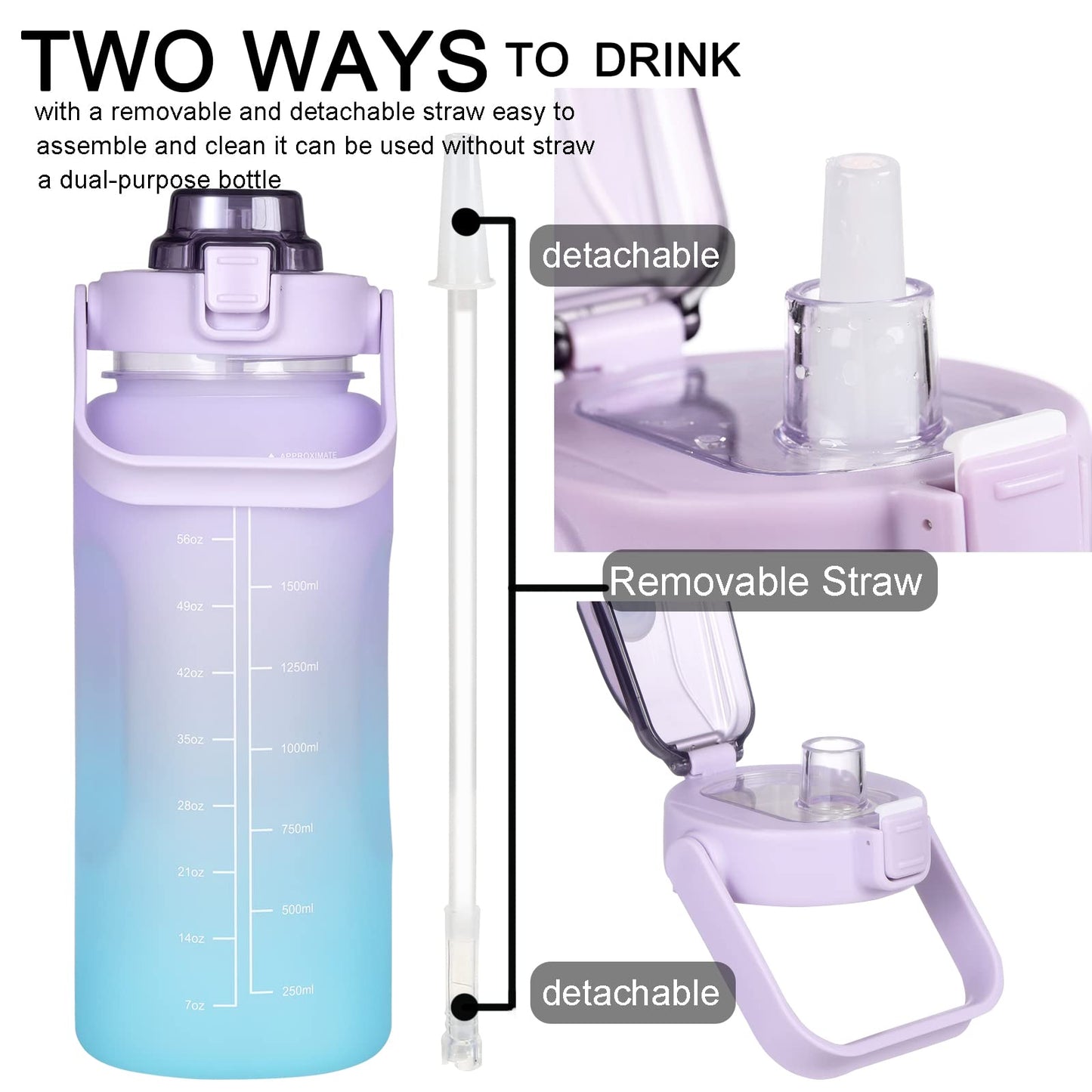 Large Motivational Water Bottle with Straw Time Marker BPA Free for Sport and Fitness (Pink Blue, 64 Oz / Half Gallon)