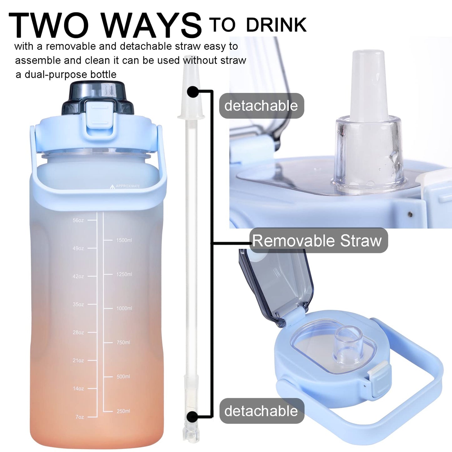 Large Motivational Water Bottle with Straw Time Marker BPA Free for Sport and Fitness (Pink Blue, 64 Oz / Half Gallon)