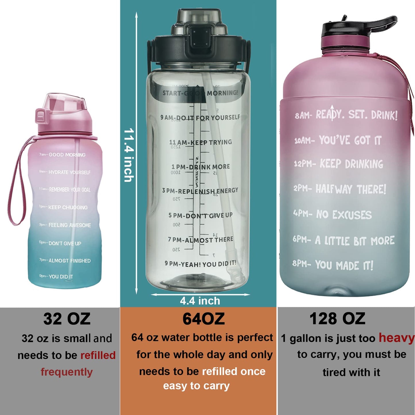 Large Motivational Water Bottle with Straw Time Marker BPA Free for Sport and Fitness (Pink Blue, 64 Oz / Half Gallon)