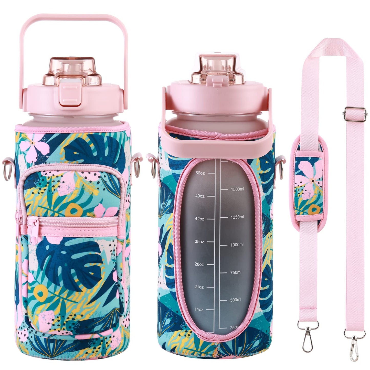 Large Motivational Water Bottle with Straw Time Marker BPA Free for Sport and Fitness (Pink Blue, 64 Oz / Half Gallon)